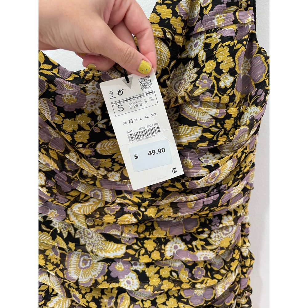 Zara Womens One Shoulder Ruched Floral Mini Dress Yellow Purple Shimmer NEW - Picture 3 of 3